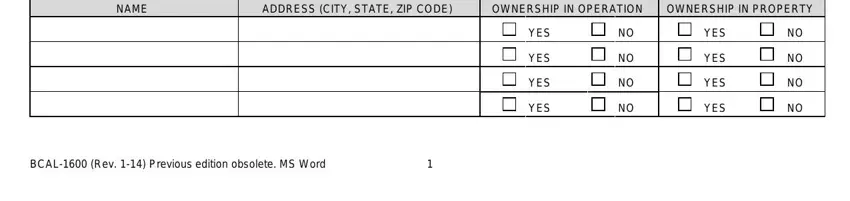 ADDRESS CITY STATE ZIP CODE, NAME, and OWNERSHIP IN OPERATION NO NO NO NO in bcal licensure