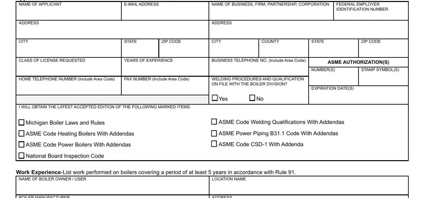 STATE, CLASS OF LICENSE REQUESTED, and COUNTY inside csd 1 boiler inspection form