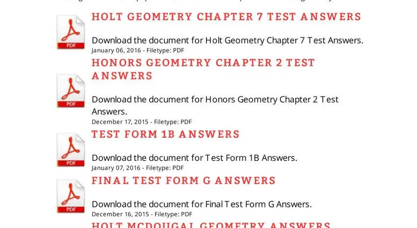 Download the document for T est, Download the document for Final T, and Download the document for Holt inside glencoe geometry chapter 8 test form 2b answer key