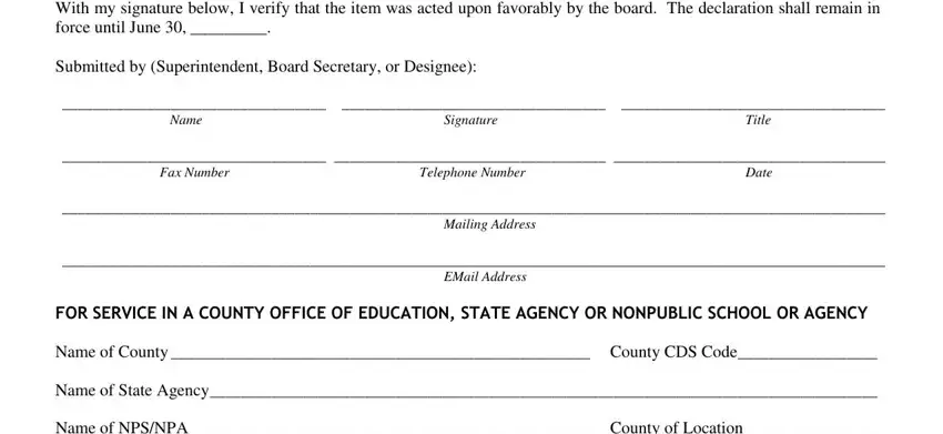Telephone Number, Title, and The governing board of the school inside cl declaration qualified