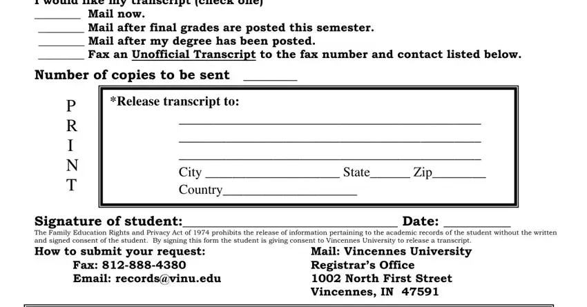 Step # 2 in filling in vincennes transcript request form