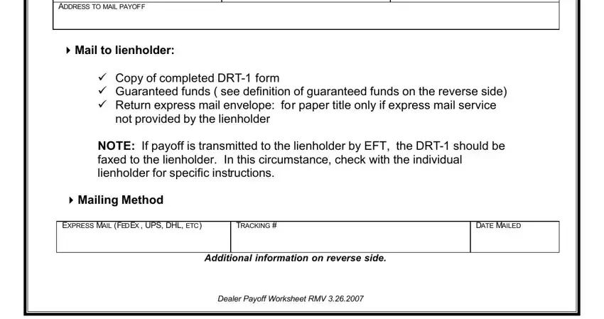 cid Copy of completed DRT form cid, Mailing Method EXPRESS MAIL FEDEX, and Additional information on reverse of dealer payoff authorization form
