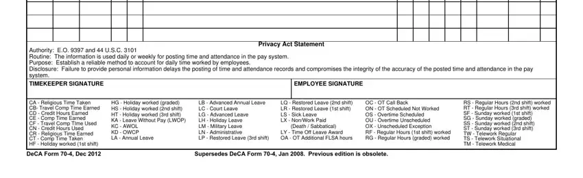 EMPLOYEE SIGNATURE, CA  Religious Time Taken CB Travel, and TIMEKEEPER SIGNATURE in deca form 70 4 time attendance