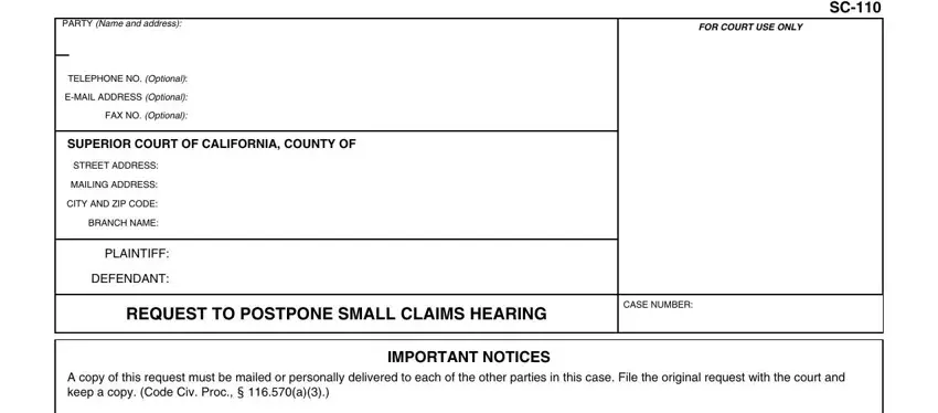 Writing segment 1 of california small claims forms sc110