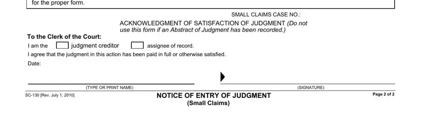 ACKNOWLEDGMENT OF SATISFACTION OF, To the Clerk of the Court, and SMALL CLAIMS CASE NO inside AVISO