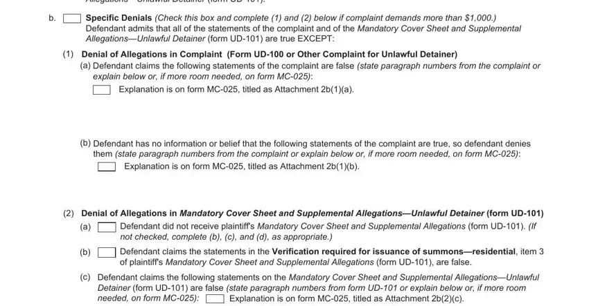 Denial of Allegations in, General Denial Do not check this, and c Defendant claims the following inside answer packet