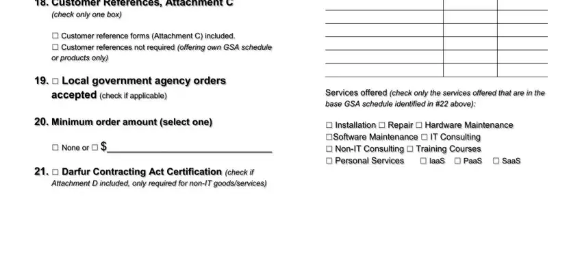 Attachment D included only, Services offered check only the, and Minimum order amount select one in ca contract application