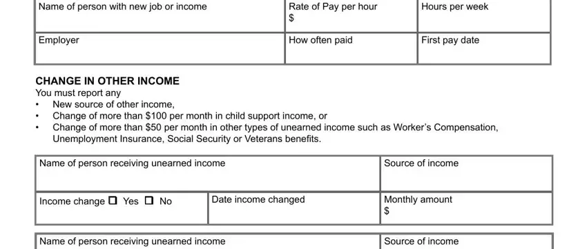 Rate of Pay per hour, Source of income, and Monthly amount in Form F 16006