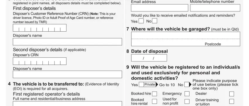 Where will the vehicle be garaged, Mobiletelephone number, and The vehicle is to be transferred inside change of ownership car qld
