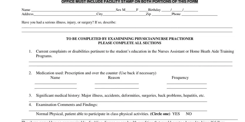Writing part 1 of cna physical exam form