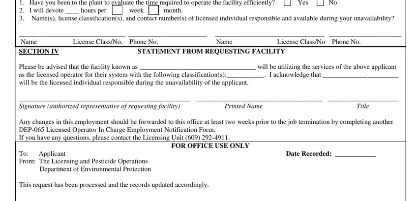 FOR OFFICE USE ONLY, SECTION IV STATEMENT FROM, and week month of licensed operator form wastewater