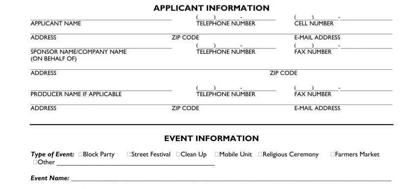FAX NUMBER, APPLICANT INFORMATION, and EMAIL ADDRESS in new york city block party permit