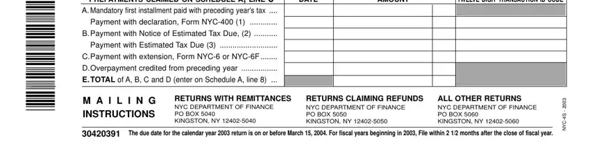 DOverpayment credited from, AMOUNT, and TWELVE DIGIT TRANSACTION ID CODE of Nyc 4S Form