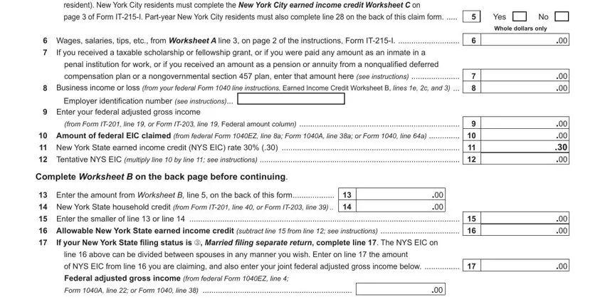 Tentative NYS EIC multiply line, New York State household credit, and New York State earned income inside It 215 Form