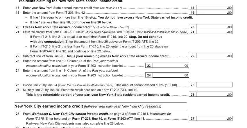 Divide line  by line  round the, Lines  through  apply only to, and Enter your New York State earned of It 215 Form