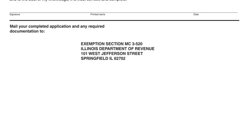 Printed name, EXEMPTION SECTION MC  ILLINOIS, and Under the penalties of perjury I inside illinois sales tax exemption
