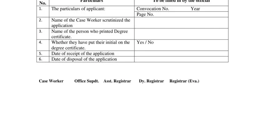 The particulars of applicant, Sl No, and degree certificate Date of receipt inside gug convocation