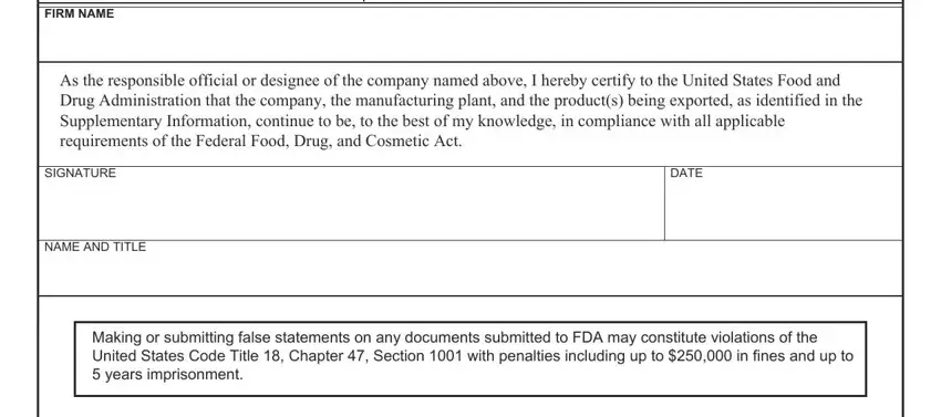 NAME AND TITLE, SIGNATURE, and As the responsible official or of form fda 3613