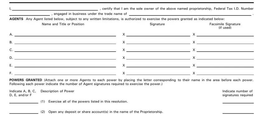 Filling out section 1 of sole proprietorship resolution