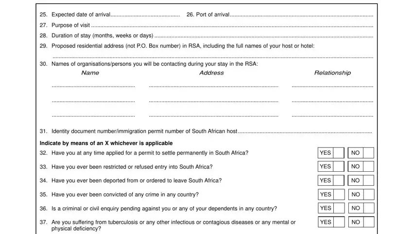 Expected date of arrival, Purpose of visit, and Have you at any time applied for of sample of south africa visa application form