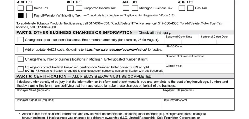 To adddelete Tobacco Products Tax, Seasonal Close Date, and Change status to a seasonal in mi form 163