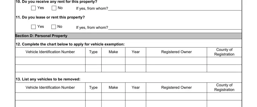 List any vehicles to be removed, Complete the chart below to apply, and Registered Owner in eleemosynary