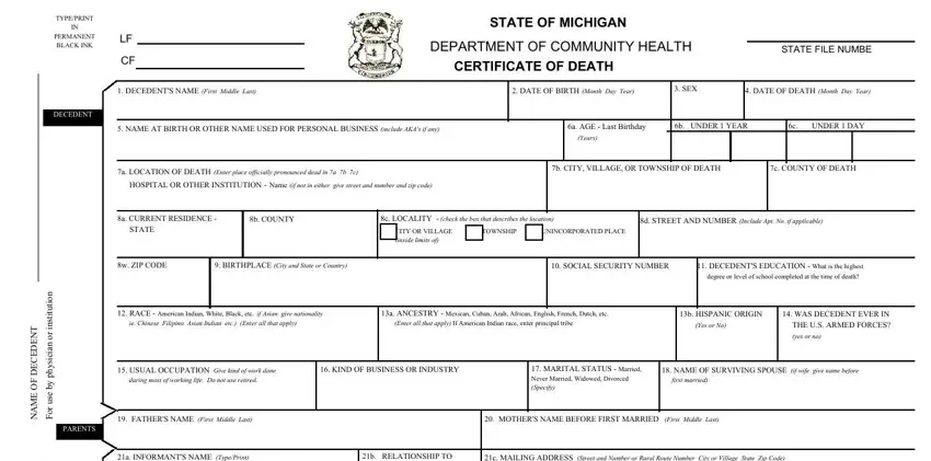 Filling out segment 1 of michigan death form
