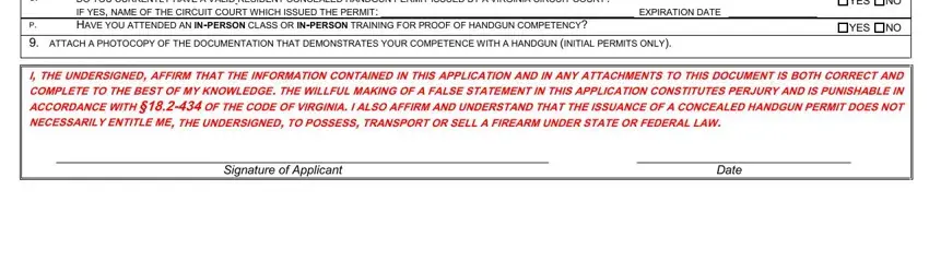 Signature of Applicant, Date, and YES NO of virginia concealed carry permit renewal form