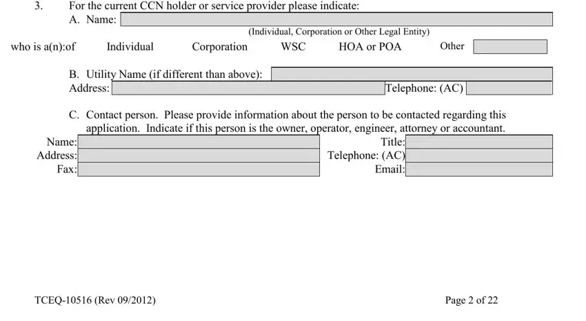 Other, For the current CCN holder or, and Telephone AC in Form Tceq 10516