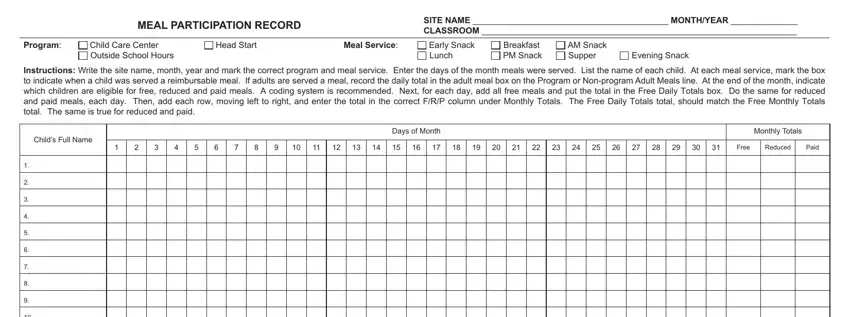 Childs Full Name, SITE NAME  MONTHYEAR  CLASSROOM, and MEAL PARTICIPATION RECORD in Totals