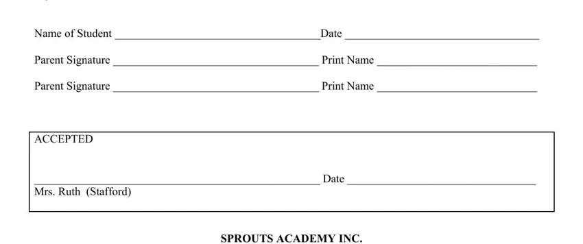 SPROUTS ACADEMY INC, Parent Signature  Print Name, and ACCEPTED inside Sprouts Application Form