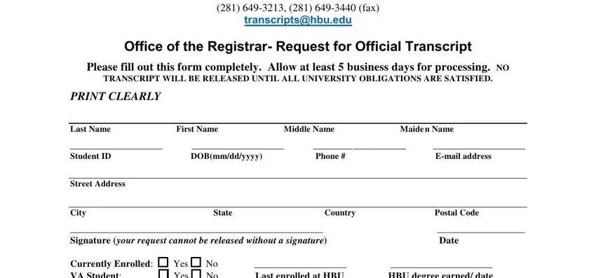 houston baptist university transcript request writing process shown (portion 1)