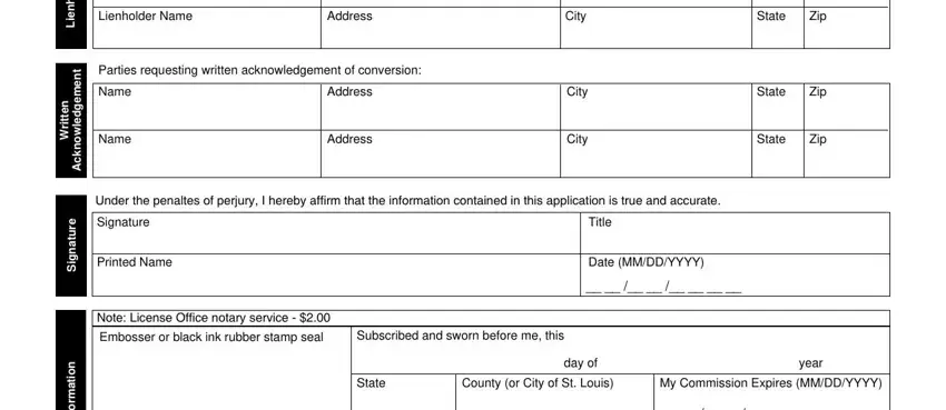 Stage no. 2 for filling in missouri form application title certificate