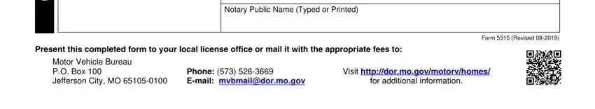 Notary Public Name Typed or Printed, Motor Vehicle Bureau PO Box, and Phone   Email mvbmaildormogov of missouri form application title certificate