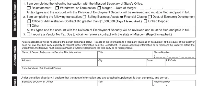 Address, Select Reason for Request Choose, and Under penalties of perjury I in Missouri Form 943