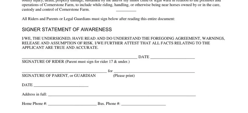 Filling out part 4 in horse riding waiver template
