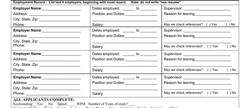 Dates employed  to, Supervisor, and Address inside CNA