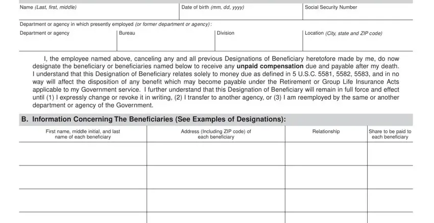 Writing part 1 in fillable standard form 1152 designation of beneficiary