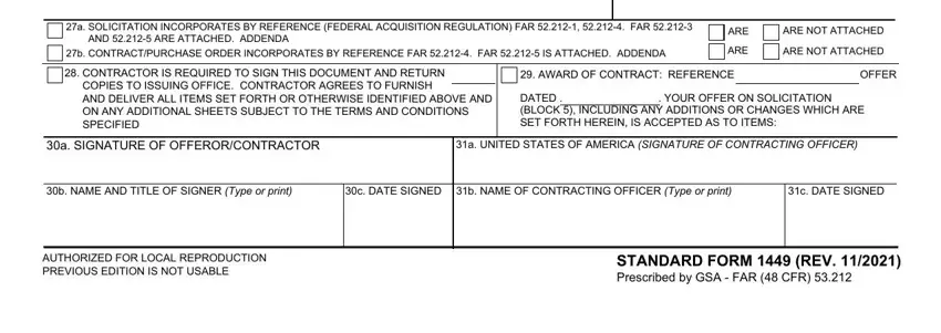a SIGNATURE OF OFFERORCONTRACTOR, ARE, and b NAME AND TITLE OF SIGNER Type or inside form 1449
