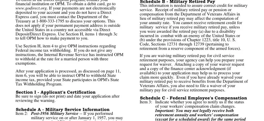 Schedule B  Military Retired Pay, If you are waiving military, and Schedule C  Federal Employees in csrs sf 2801