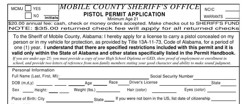 Filling in section 1 in pistol permit mobile al phone number