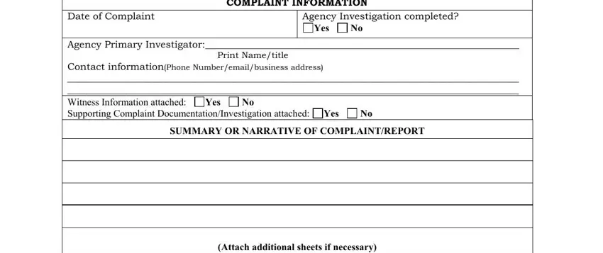 SUMMARY OR NARRATIVE OF, Agency Primary Investigator Print, and Date of Complaint of NM