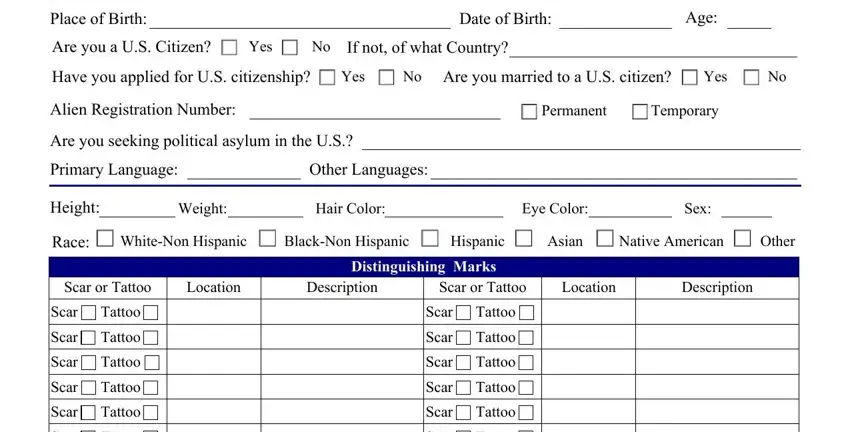 Date of Birth, No Are you married to a US citizen, and Primary Language in presentence investigation report questionnaire