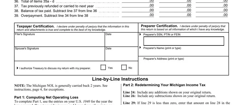 Preparers SSN PTIN or FEIN, Total of items a  d Tax previously, and Preparers Name print or type of Form Mi 1045