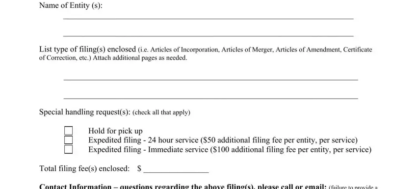 Hold for pick up Expedited filing, List type of filings enclosed ie, and Total filing fees enclosed of Form Mnpca 6 1