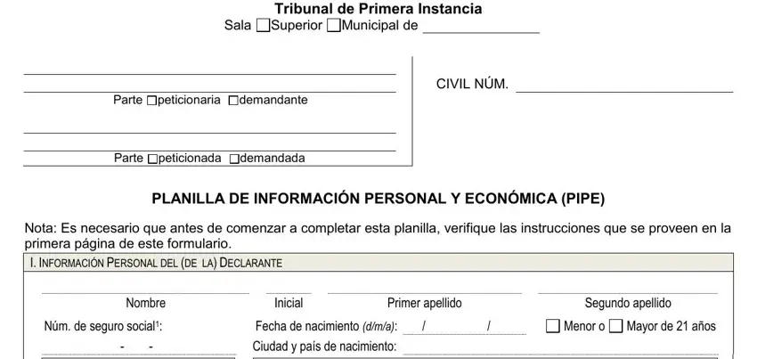 Núm de seguro social, Menor o, and Tribunal de Primera Instancia inside planilla de información personal y económica