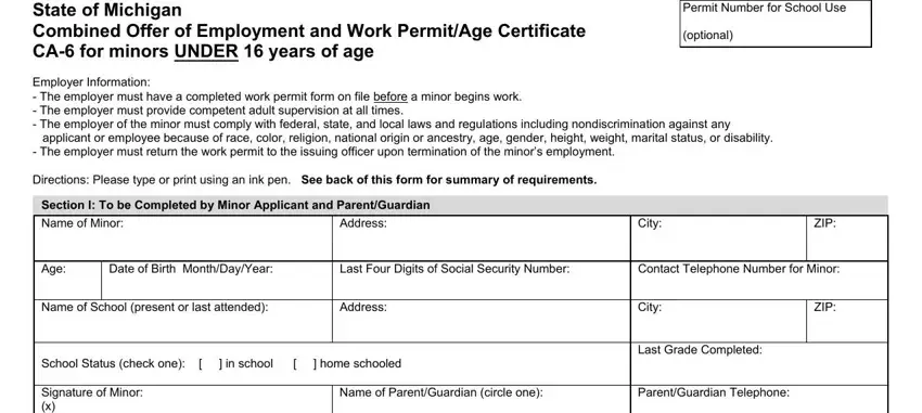 Filling out segment 1 in ca 6 work permit