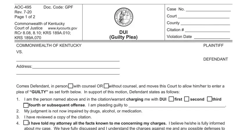 Completing part 1 in dui plea form