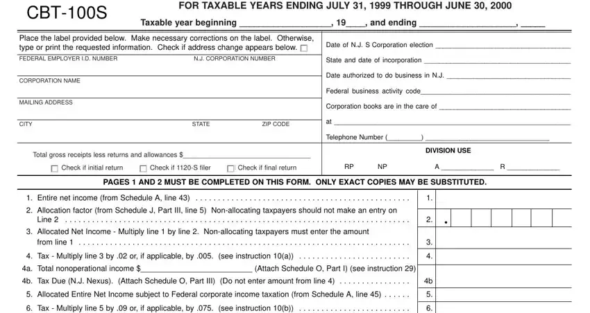 Stage number 1 of completing Form Cbt 100S