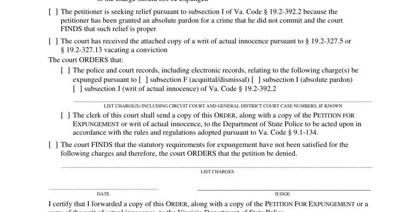 The police and court records, The petitioner is seeking relief, and LIST CHARGES in virginia expungement order